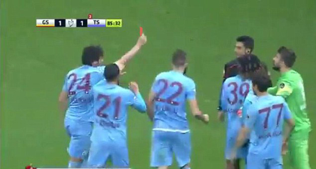 Galatasaray’s v Trabzonspor, 21 February, 2016 Trabzonspor's Salih Durin shows referee red card, gets sent off